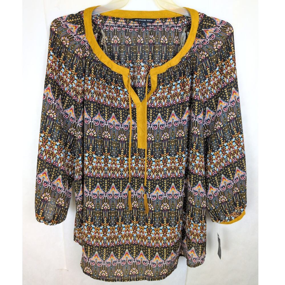 New Zac And Rachel black floral velvet collar tie neck top Size 2X Boho Peasant